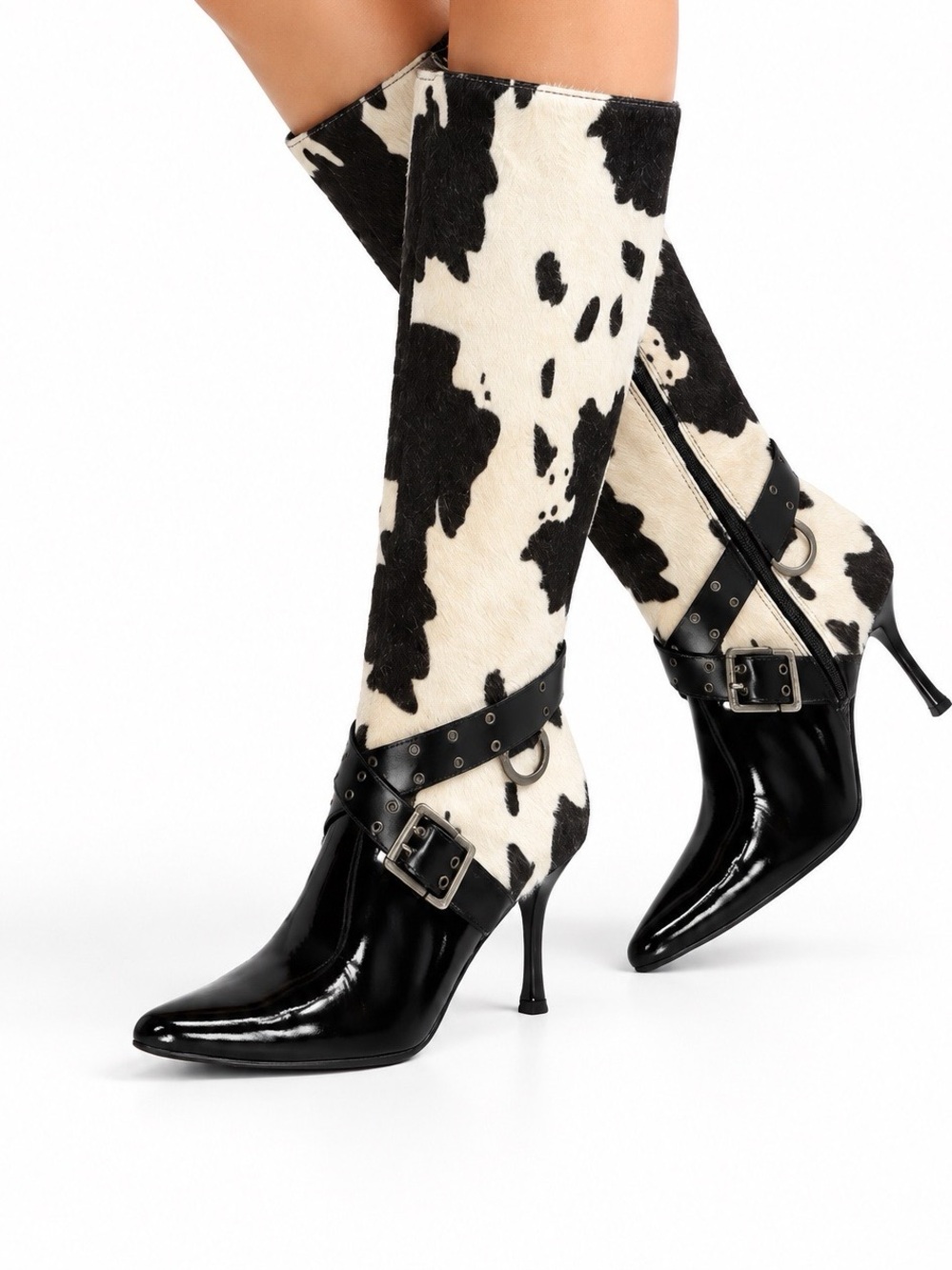 Colin Stuart Black and White Cow-Print Knee Boots with Patent Heel